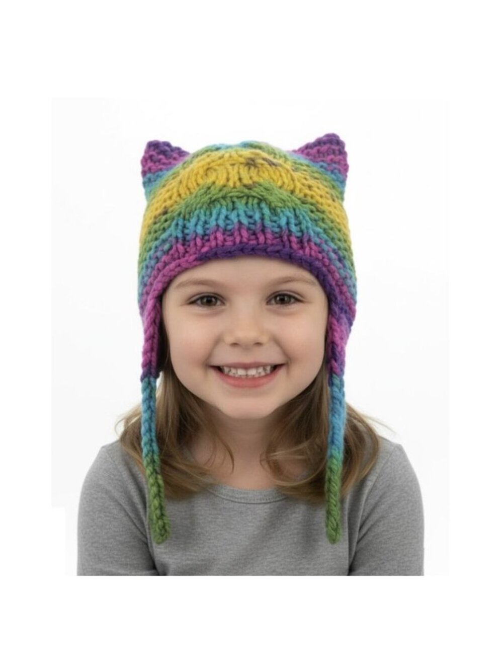 ⭐GIRL'S Handmade Striped Multicolor Knit Beanie Cat Ears Warm Winter Quirky Hat⭐